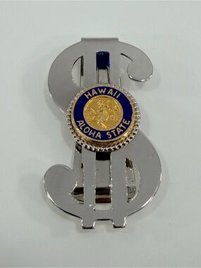 VTG Hawaii Aloha State Money Clip Dollar Sign Silver Tone Blue Enamel Hula